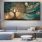 Pintura em tela de árvore celestial da vida, sol e lua, pôster cósmico, impressão para sala de estar, decoração de casa, arte abstrata de parede de árvore