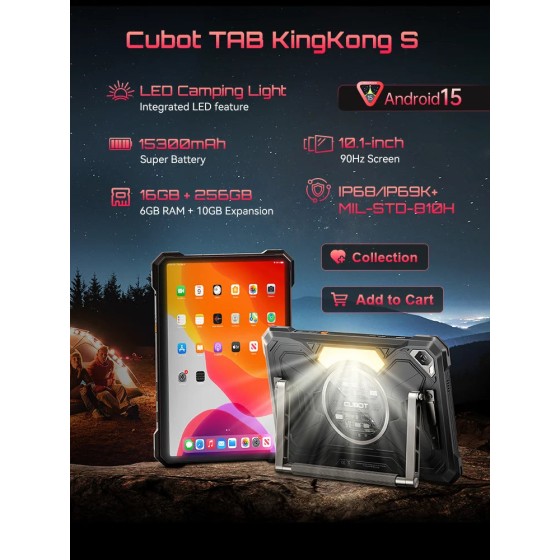 Tablet Android 15 Cubot TAB KingKong S, bateria de 15300 mAh, 16 GB (6+10), 256 GB, tela de 10,1 polegadas com 90 Hz, luz de acampamento, câmera de 48 MP