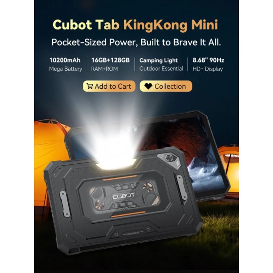 Tablet Android Cubot TAB KingKong Mini, bateria mega de 10200mAh 16GB(6 + 10),128GB, luz de acampamento, tela de 8,68 polegadas, câmera de 48MP, GPS