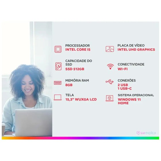 Notebook Lenovo IdeaPad Slim 3i Intel Core i5 13420H 8GB RAM 512GB SSD 15,3" WUXGA Windows 11 Intel UHD Graphics 83NS0002BR