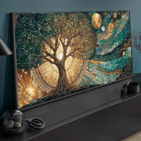 Pintura em tela de árvore celestial da vida, sol e lua, pôster cósmico, impressão para sala de estar, decoração de casa, arte abstrata de parede de árvore