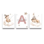 3 pçs/set boêmio urso de pelúcia animal personalizado nome do bebê berçário cartaz da lona estrela nuvem aniversário arte da parede impressão para decoração casa