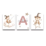 3 pçs/set boêmio urso de pelúcia animal personalizado nome do bebê berçário cartaz da lona estrela nuvem aniversário arte da parede impressão para decoração casa