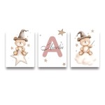 3 pçs/set boêmio urso de pelúcia animal personalizado nome do bebê berçário cartaz da lona estrela nuvem aniversário arte da parede impressão para decoração casa