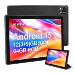 BAKEN Tablet Android 15 de 10 polegadas, processador quad-core, 12 GB (expansão 3 + 9) RAM + armazenamento de 64 GB, 5G WiFi, câmeras duplas 1280 * 800