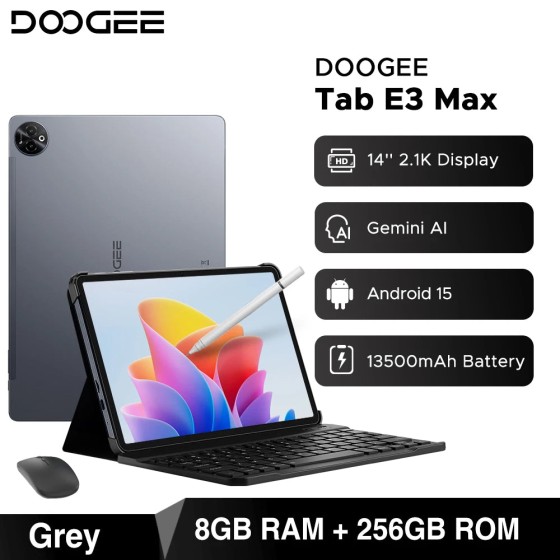Versão global doogee tab e3 max tablet pc android 15 gemini ai 14 ''2.1k tela 8gb ram 256gb 13500mah bateria grande almofada inteligente