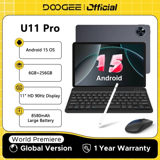 Versão global doogee u11 pro android 15 tablet pc 11 polegadas ultra-claro 90hz display 30gb (6 + 24) 256gb 8580mah bateria tablet
