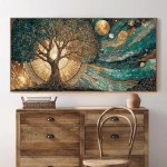 Pintura em tela de árvore celestial da vida, sol e lua, pôster cósmico, impressão para sala de estar, decoração de casa, arte abstrata de parede de árvore